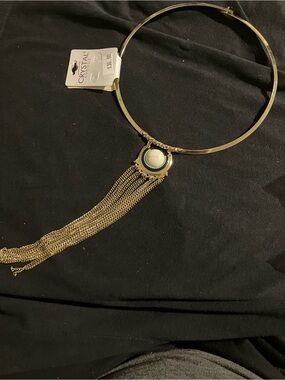 Crystal Avenue Gold Choker Necklace with Cream Stone and Tassel